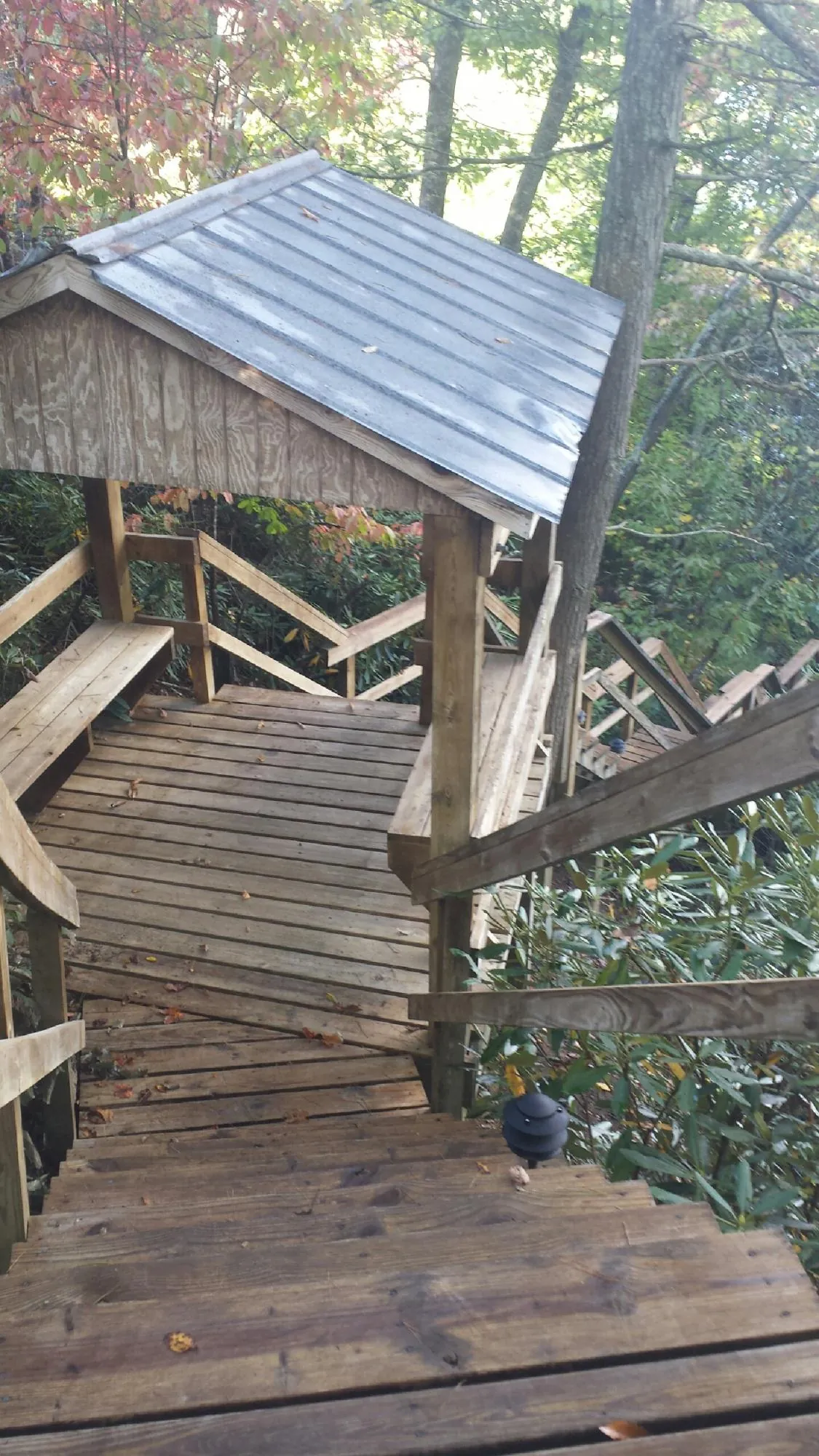 Metal roofed shelter over wooden steps on a wooded walkway — Skylight Repair & Installation work by our crew in Polkton